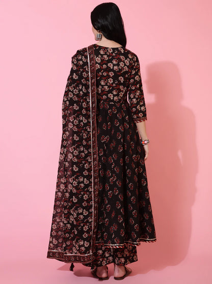 Cotton Calf Length Semi Flared 3/4 Sleeve Printed V-Neck Kurta Bottom Dupatta Set