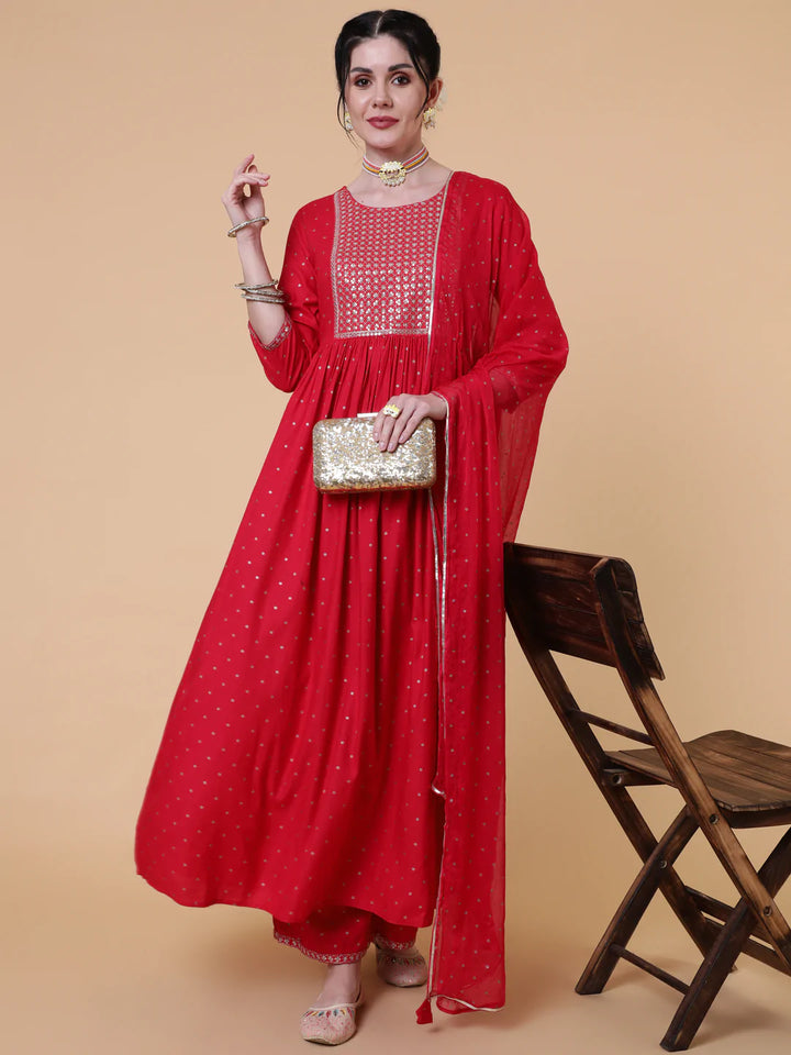 Rayon Calf Length Flared 3/4 Sleeve Printed Round Neck Kurta Bottom Dupatta Set