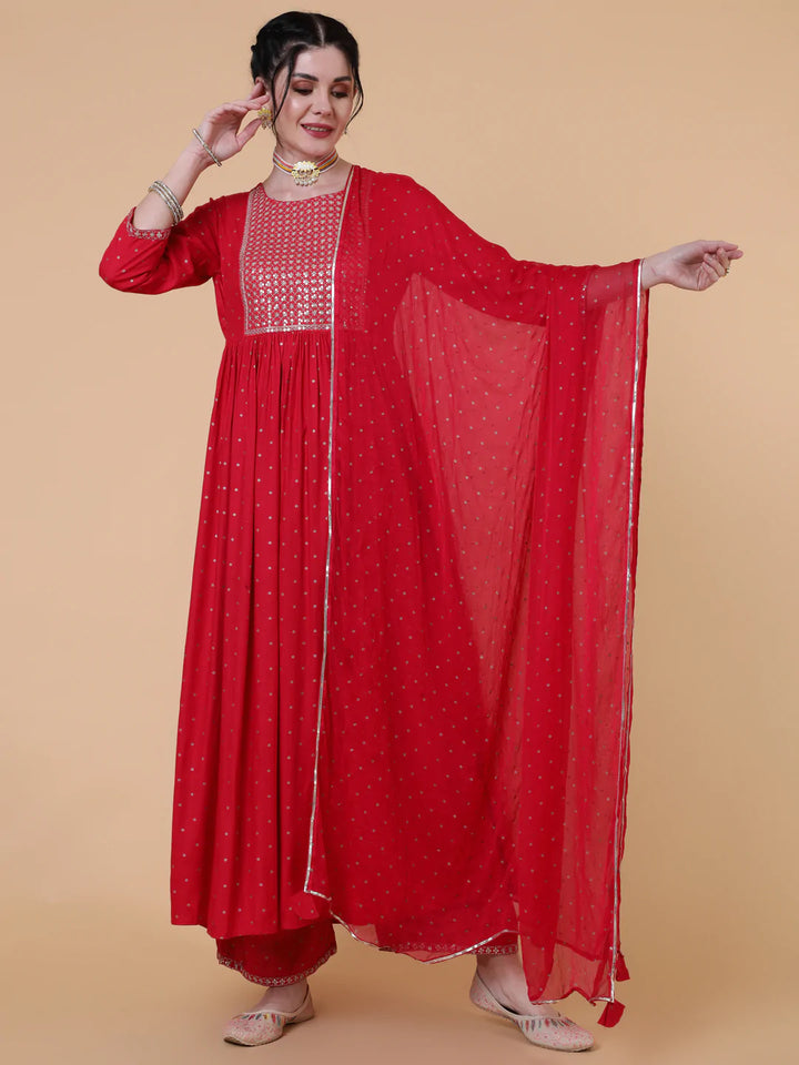 Rayon Calf Length Flared 3/4 Sleeve Printed Round Neck Kurta Bottom Dupatta Set