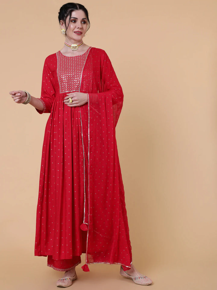 Rayon Calf Length Flared 3/4 Sleeve Printed Round Neck Kurta Bottom Dupatta Set