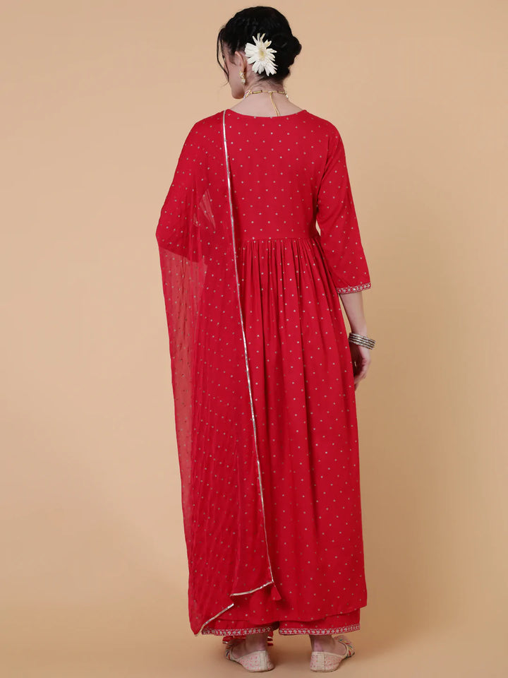 Rayon Calf Length Flared 3/4 Sleeve Printed Round Neck Kurta Bottom Dupatta Set