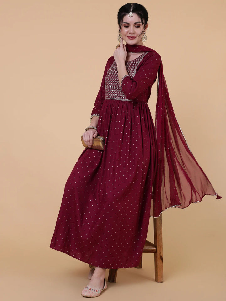 Rayon Calf Length Flared 3/4 Sleeve Printed Round Neck Kurta Bottom Dupatta Set