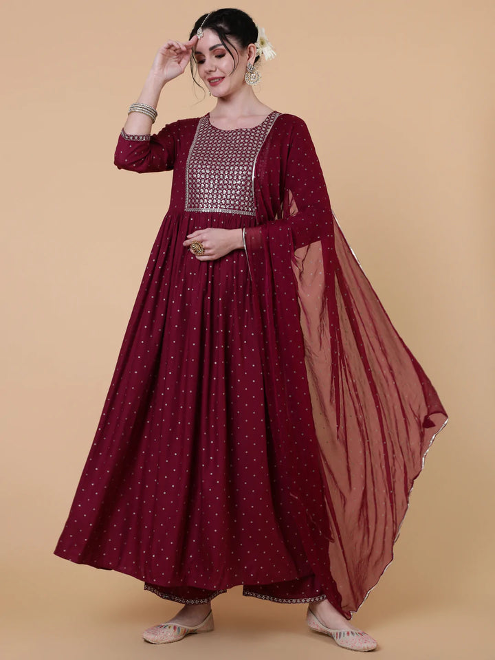 Rayon Calf Length Flared 3/4 Sleeve Printed Round Neck Kurta Bottom Dupatta Set