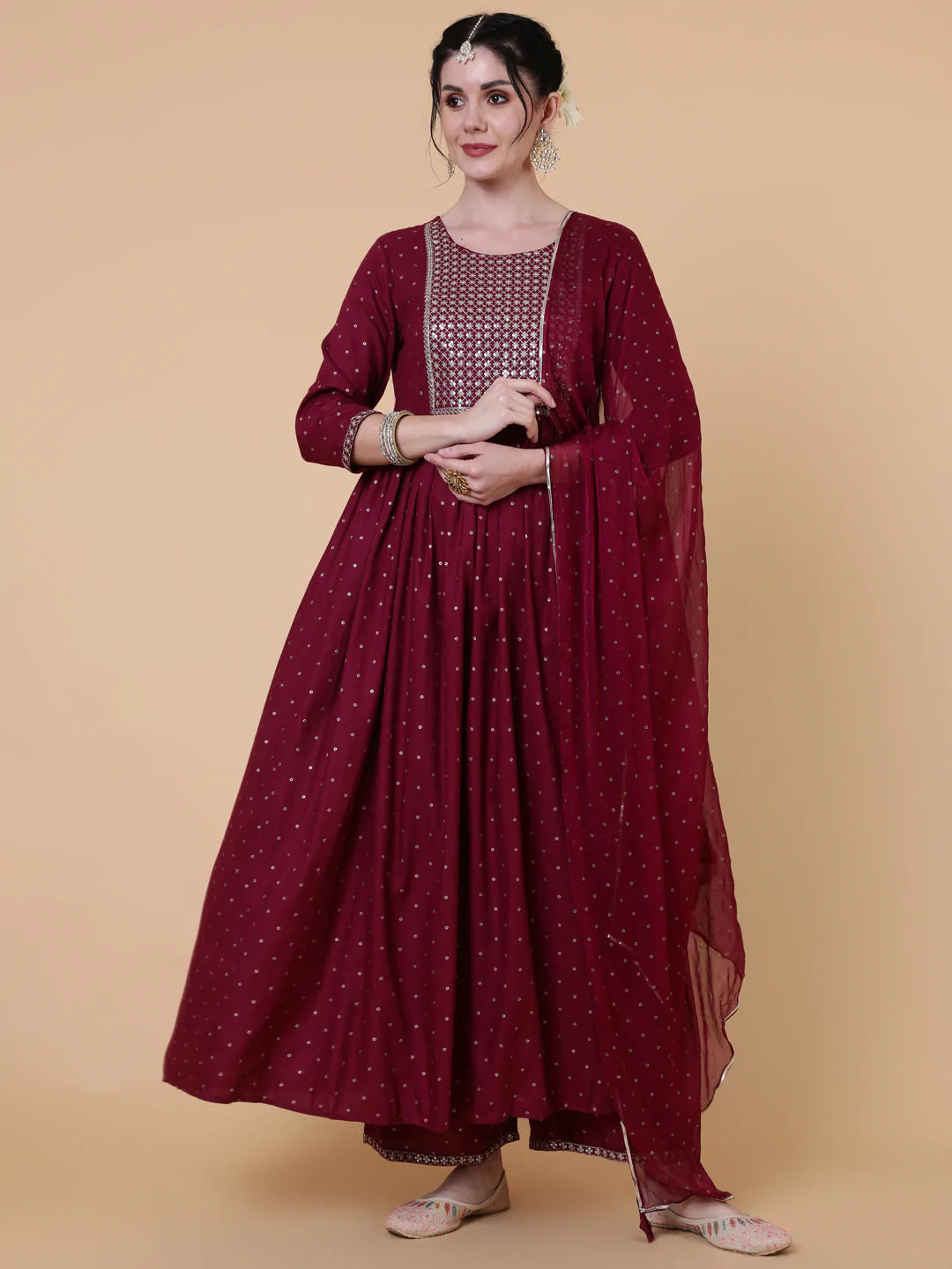 Rayon Calf Length Flared 3/4 Sleeve Printed Round Neck Kurta Bottom Dupatta Set
