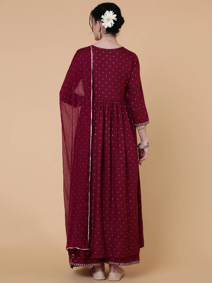 Rayon Calf Length Flared 3/4 Sleeve Printed Round Neck Kurta Bottom Dupatta Set