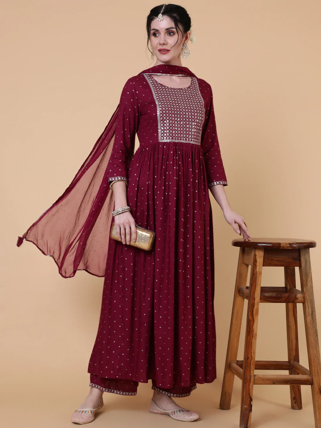 Rayon Calf Length Flared 3/4 Sleeve Printed Round Neck Kurta Bottom Dupatta Set