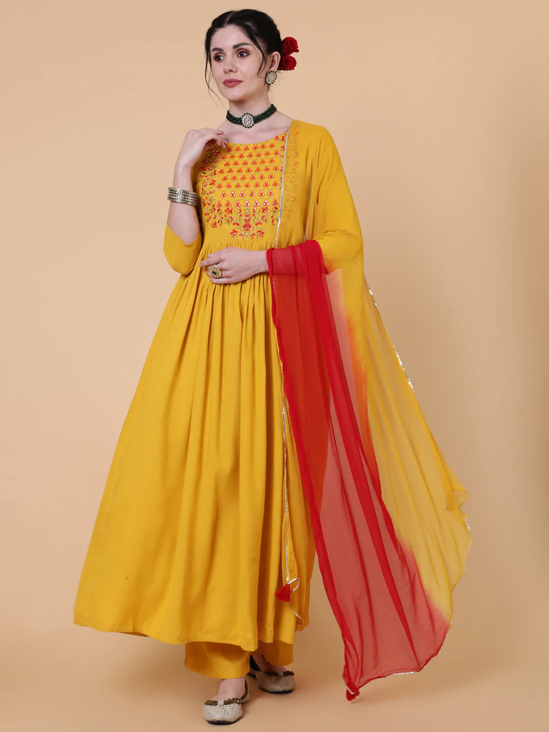 Rayon Calf Length Flared 3/4 Sleeve  Round Neck Kurta Bottom Dupatta Set
