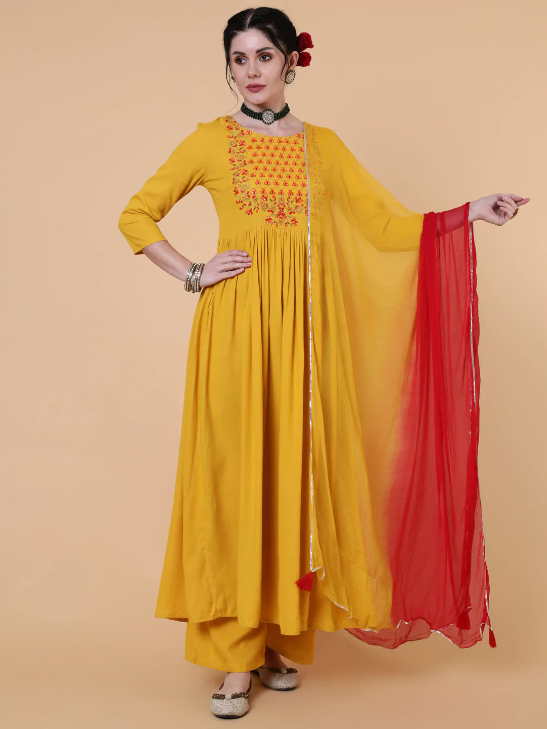 Rayon Calf Length Flared 3/4 Sleeve  Round Neck Kurta Bottom Dupatta Set