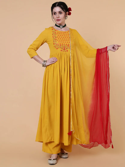 Rayon Calf Length Flared 3/4 Sleeve  Round Neck Kurta Bottom Dupatta Set