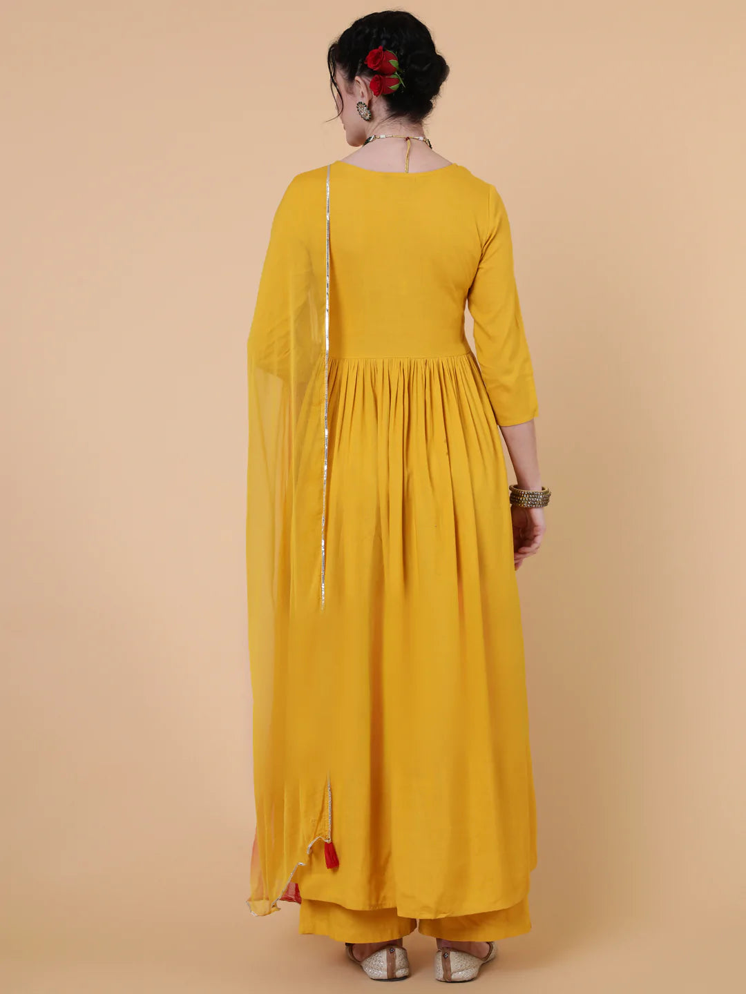 Rayon Calf Length Flared 3/4 Sleeve  Round Neck Kurta Bottom Dupatta Set