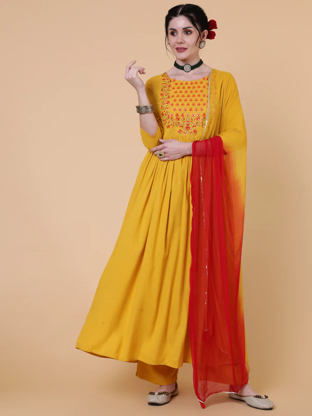 Rayon Calf Length Flared 3/4 Sleeve  Round Neck Kurta Bottom Dupatta Set