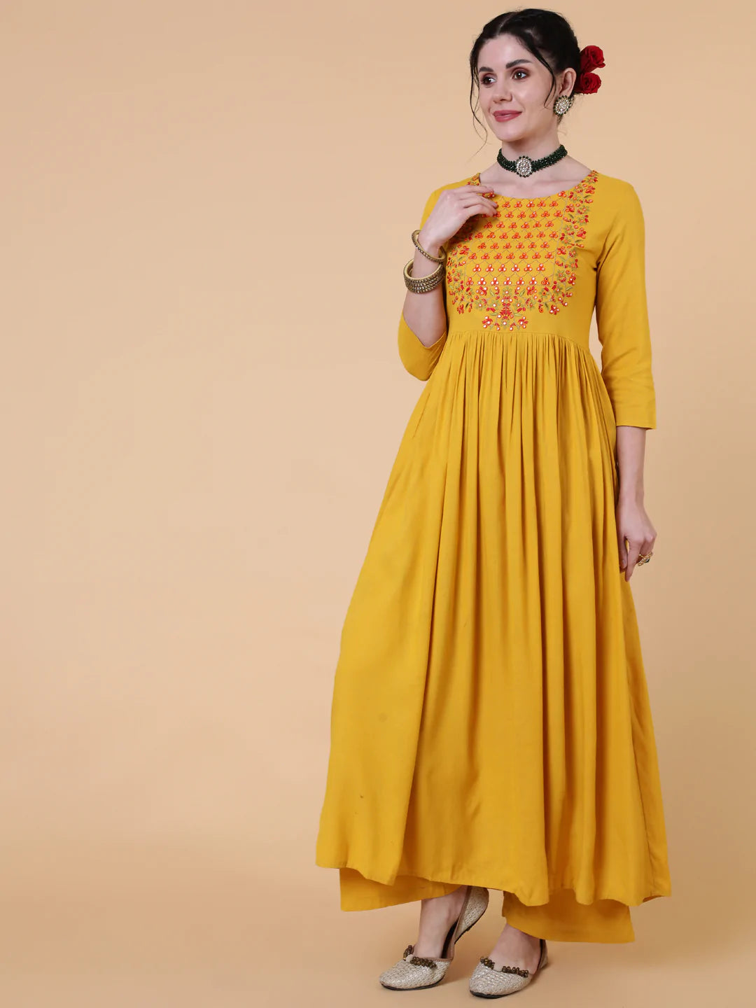 Rayon Calf Length Flared 3/4 Sleeve  Round Neck Kurta Bottom Dupatta Set