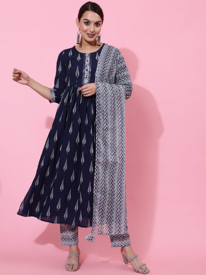 Cotton Calf Printed Semi-Flared 3/4 Sleeve Round Kurta Bottom Dupatta Set