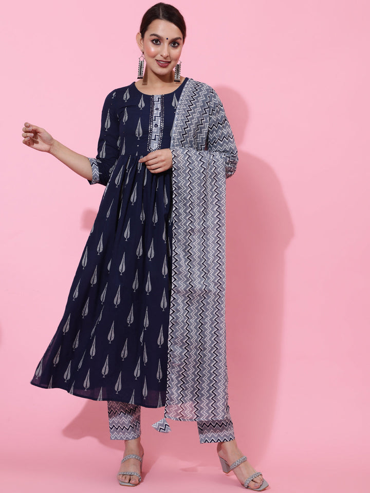 Cotton Calf Printed Semi-Flared 3/4 Sleeve Round Kurta Bottom Dupatta Set