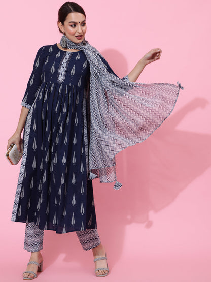 Cotton Calf Printed Semi-Flared 3/4 Sleeve Round Kurta Bottom Dupatta Set