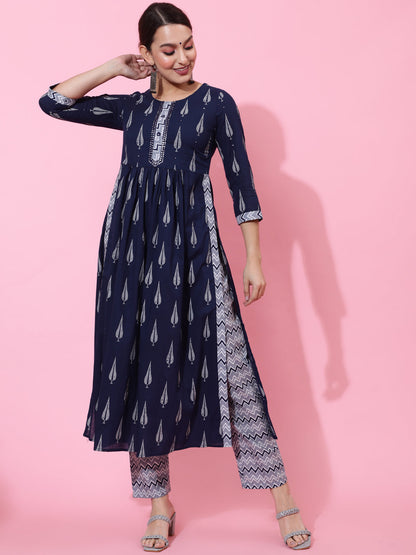 Cotton Calf Printed Semi-Flared 3/4 Sleeve Round Kurta Bottom Dupatta Set