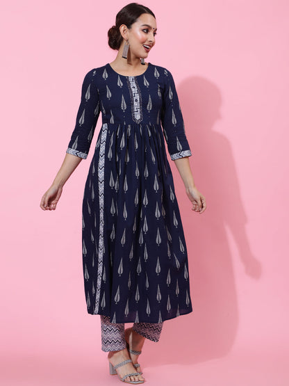 Cotton Calf Printed Semi-Flared 3/4 Sleeve Round Kurta Bottom Dupatta Set