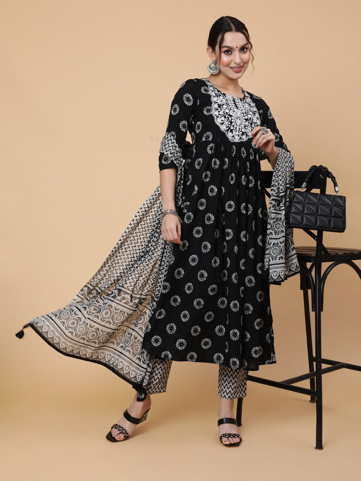 Cotton Calf Printed Semi-Flared 3/4 Sleeve Round Kurta Bottom Dupatta Set