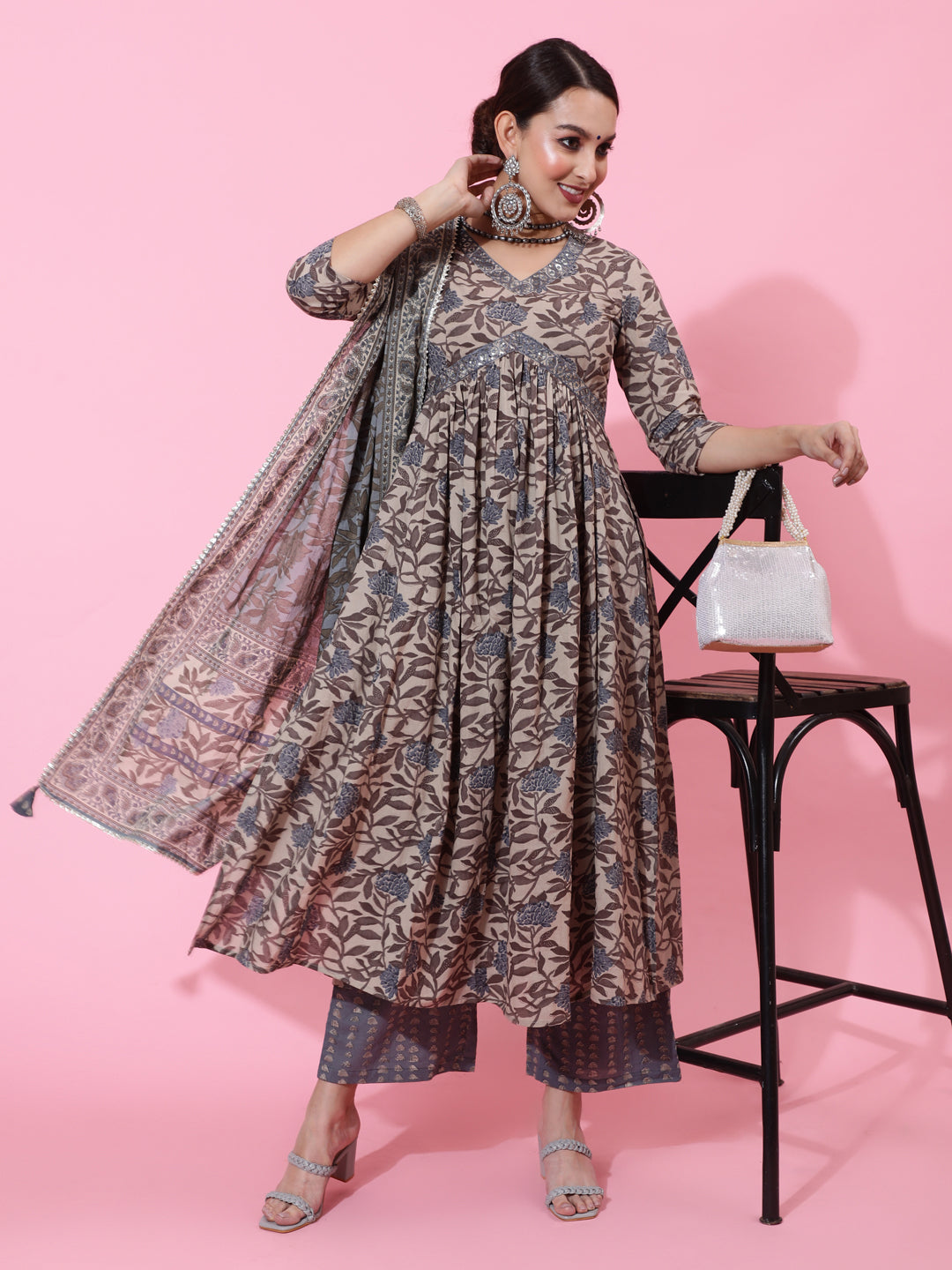 Cotton Calf Printed Semi-Flared 3/4 Sleeve V Kurta Bottom Dupatta Set