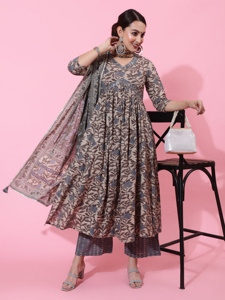 Cotton Calf Printed Semi-Flared 3/4 Sleeve V Kurta Bottom Dupatta Set