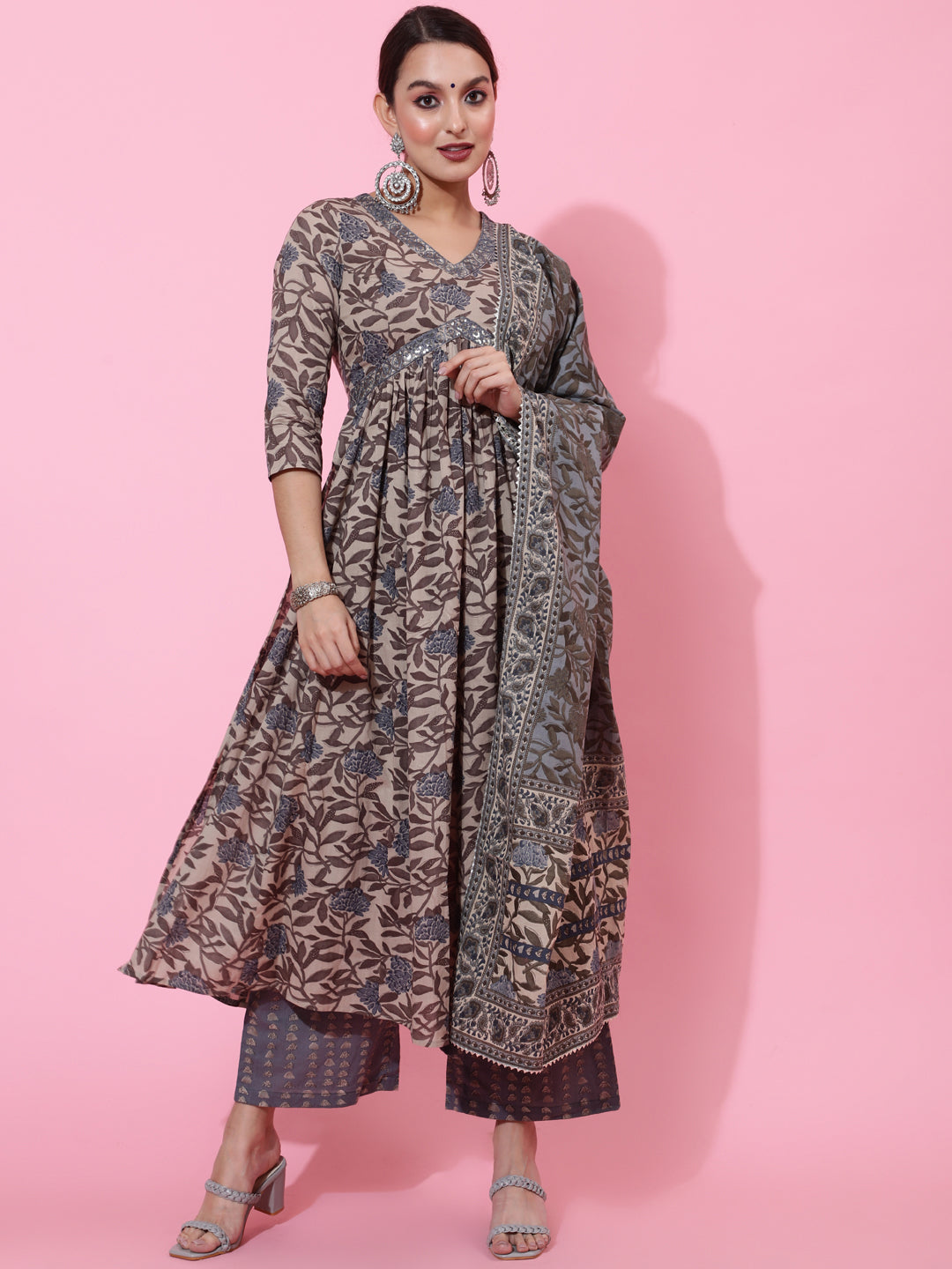 Cotton Calf Printed Semi-Flared 3/4 Sleeve V Kurta Bottom Dupatta Set