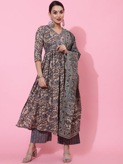 Cotton Calf Printed Semi-Flared 3/4 Sleeve V Kurta Bottom Dupatta Set