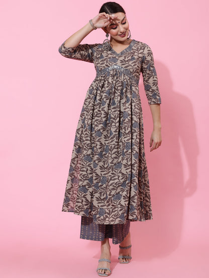 Cotton Calf Printed Semi-Flared 3/4 Sleeve V Kurta Bottom Dupatta Set