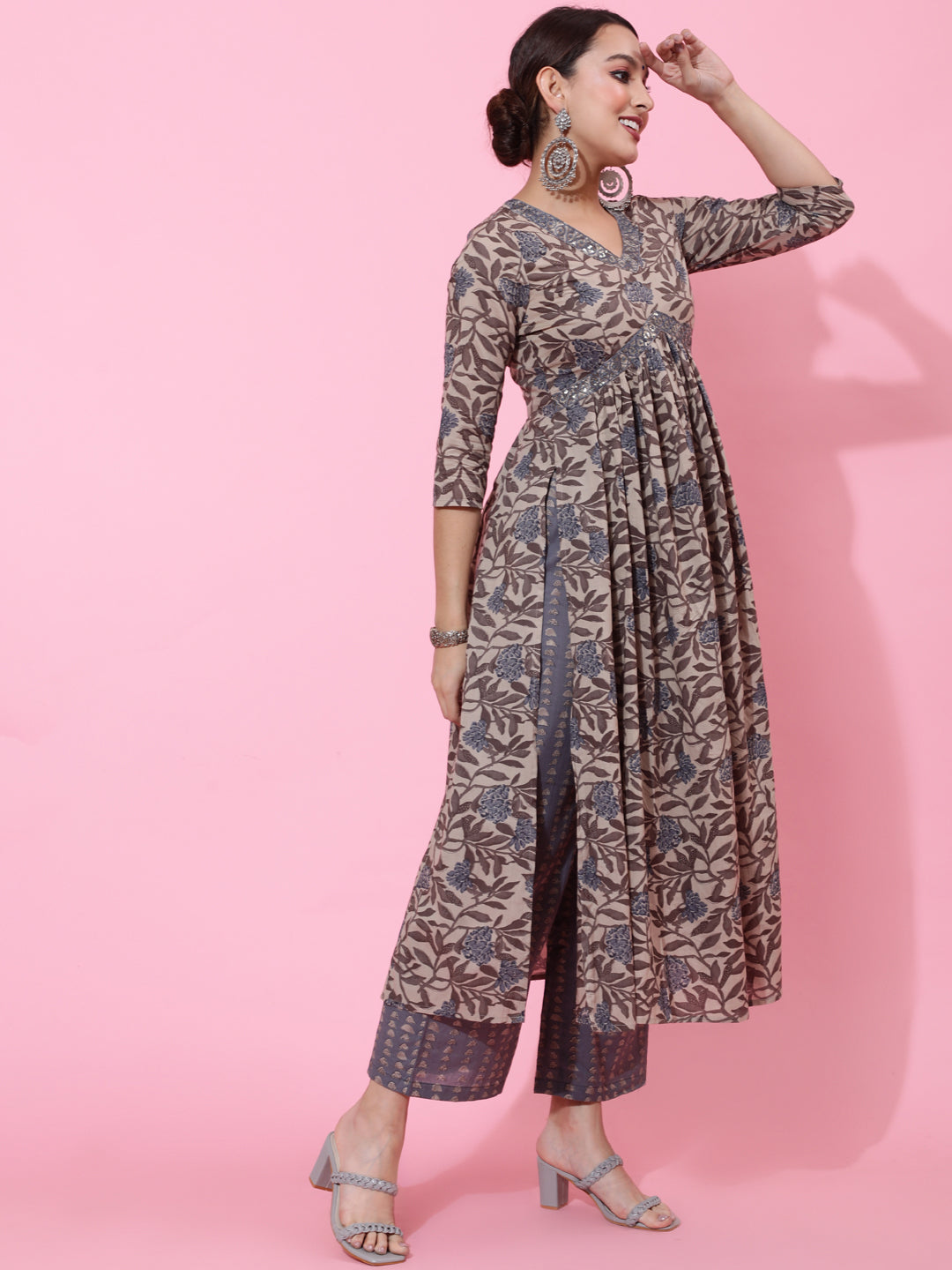Cotton Calf Printed Semi-Flared 3/4 Sleeve V Kurta Bottom Dupatta Set