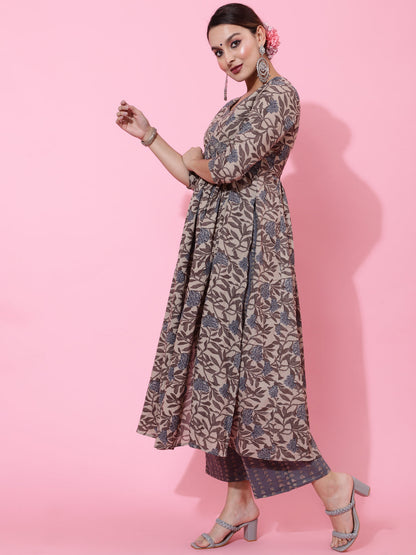 Cotton Calf Printed Semi-Flared 3/4 Sleeve V Kurta Bottom Dupatta Set