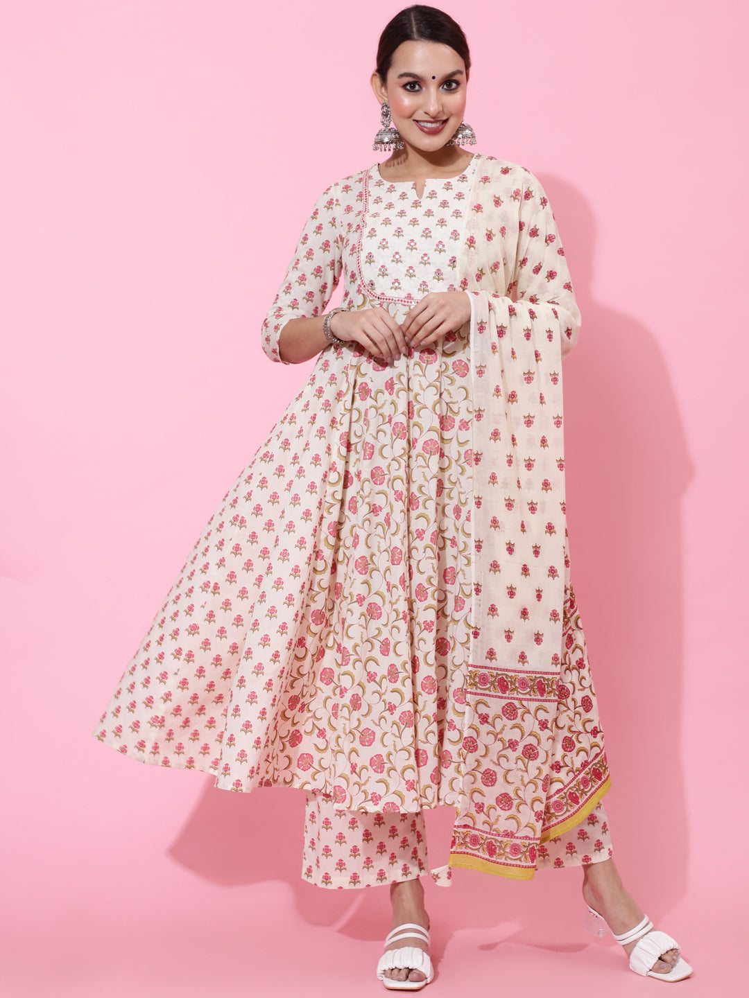 Cotton Calf Printed Flared 3/4 Sleeve Round Kurta Bottom Dupatta Set