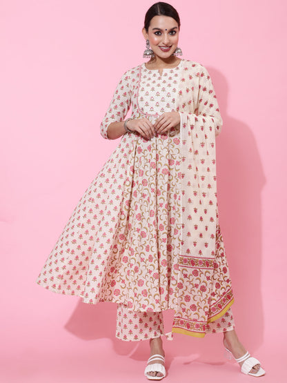 Cotton Calf Printed Flared 3/4 Sleeve Round Kurta Bottom Dupatta Set
