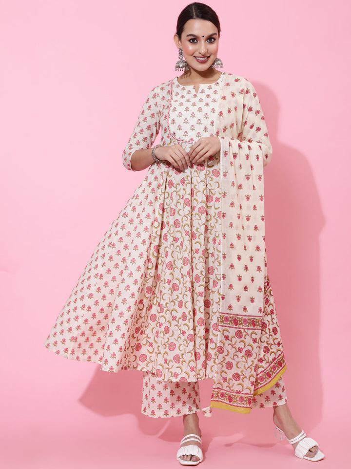 Cotton Calf Printed Flared 3/4 Sleeve Round Kurta Bottom Dupatta Set