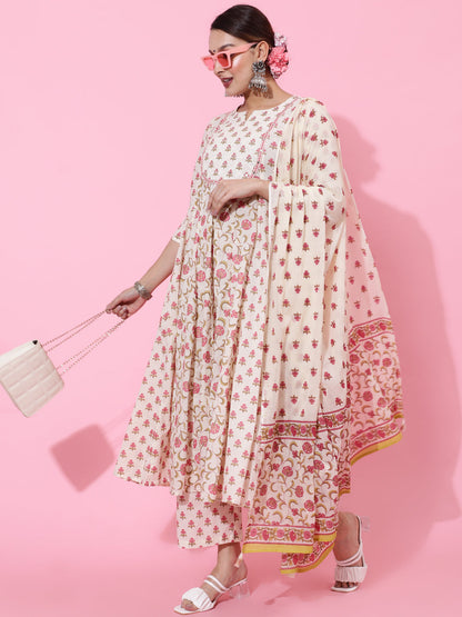Cotton Calf Printed Flared 3/4 Sleeve Round Kurta Bottom Dupatta Set