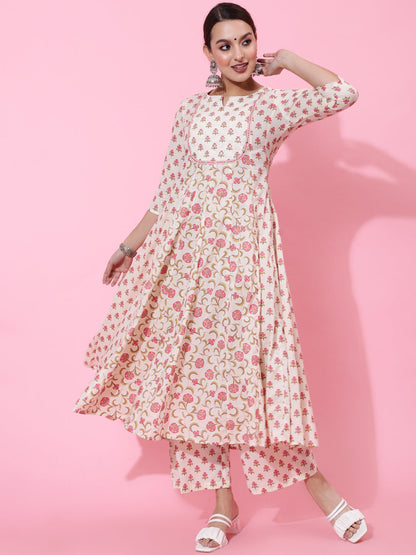 Cotton Calf Printed Flared 3/4 Sleeve Round Kurta Bottom Dupatta Set