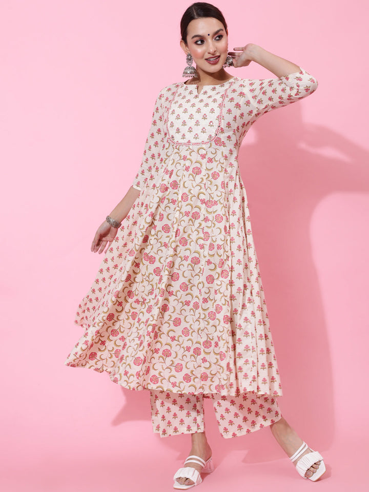 Cotton Calf Printed Flared 3/4 Sleeve Round Kurta Bottom Dupatta Set