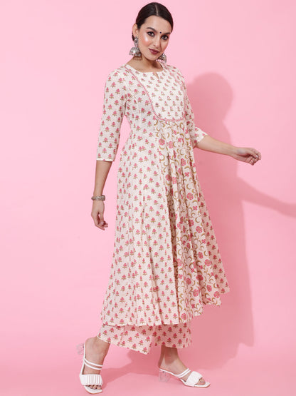 Cotton Calf Printed Flared 3/4 Sleeve Round Kurta Bottom Dupatta Set