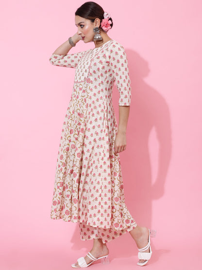 Cotton Calf Printed Flared 3/4 Sleeve Round Kurta Bottom Dupatta Set