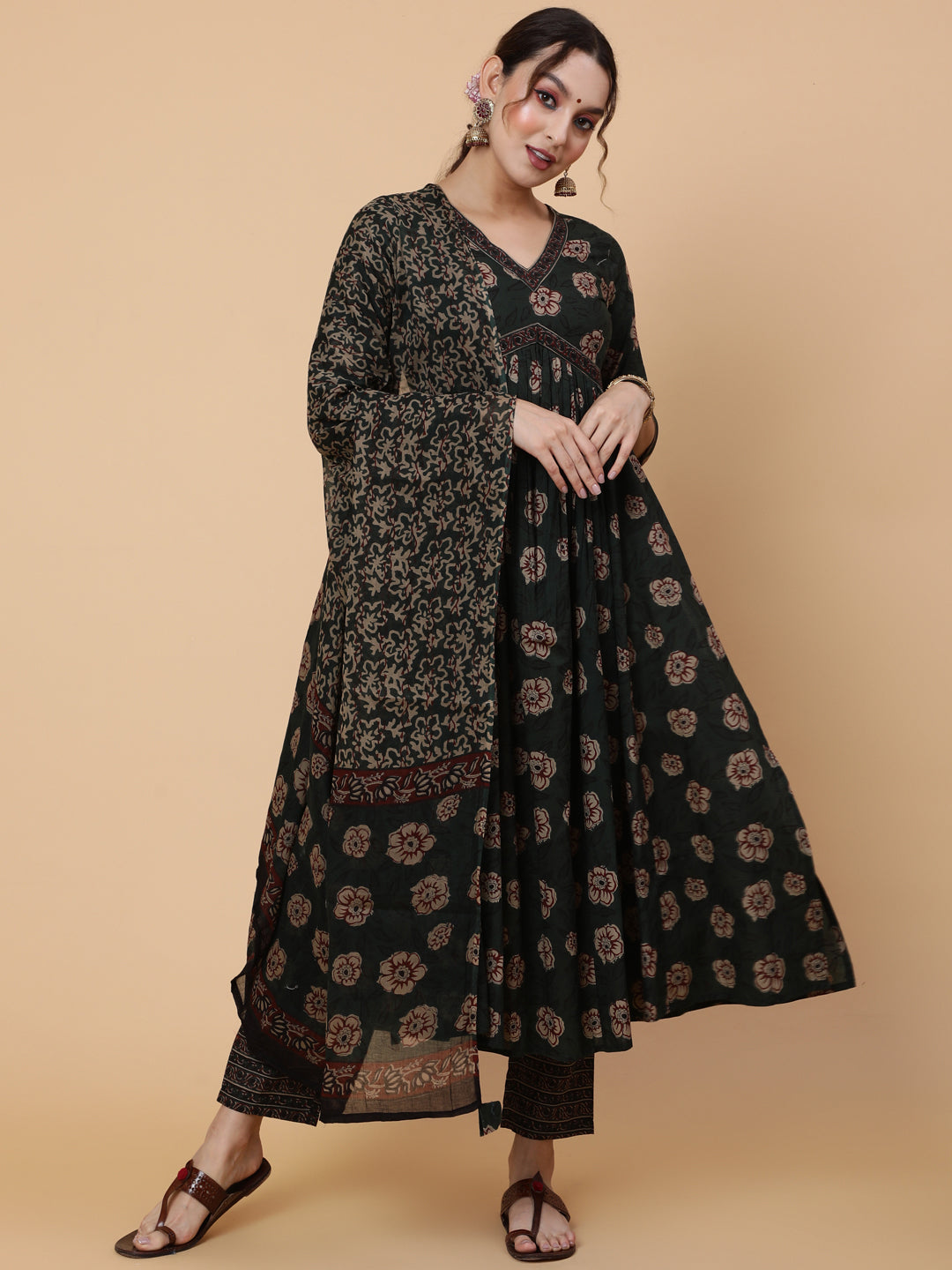 Cotton Calf Printed Semi-Flared 3/4 Sleeve V Kurta Bottom Dupatta Set