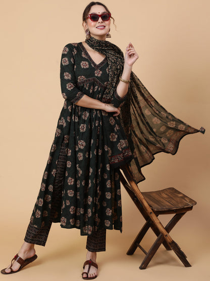 Cotton Calf Printed Semi-Flared 3/4 Sleeve V Kurta Bottom Dupatta Set
