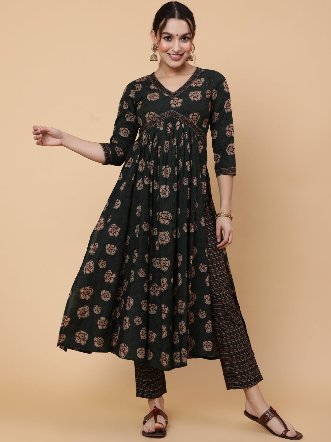 Cotton Calf Printed Semi-Flared 3/4 Sleeve V Kurta Bottom Dupatta Set