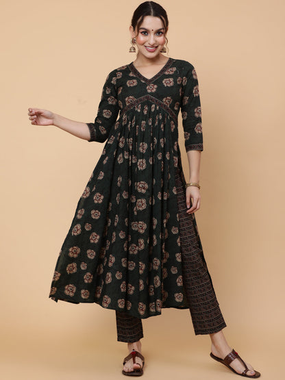Cotton Calf Printed Semi-Flared 3/4 Sleeve V Kurta Bottom Dupatta Set