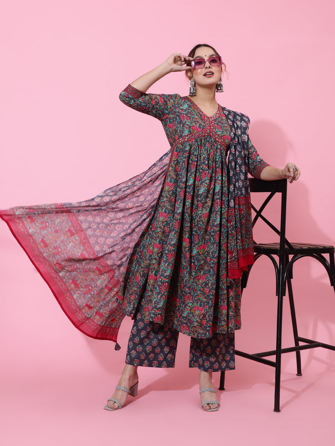 Cotton Calf Printed Semi-Flared 3/4 Sleeve V Kurta Bottom Dupatta Set