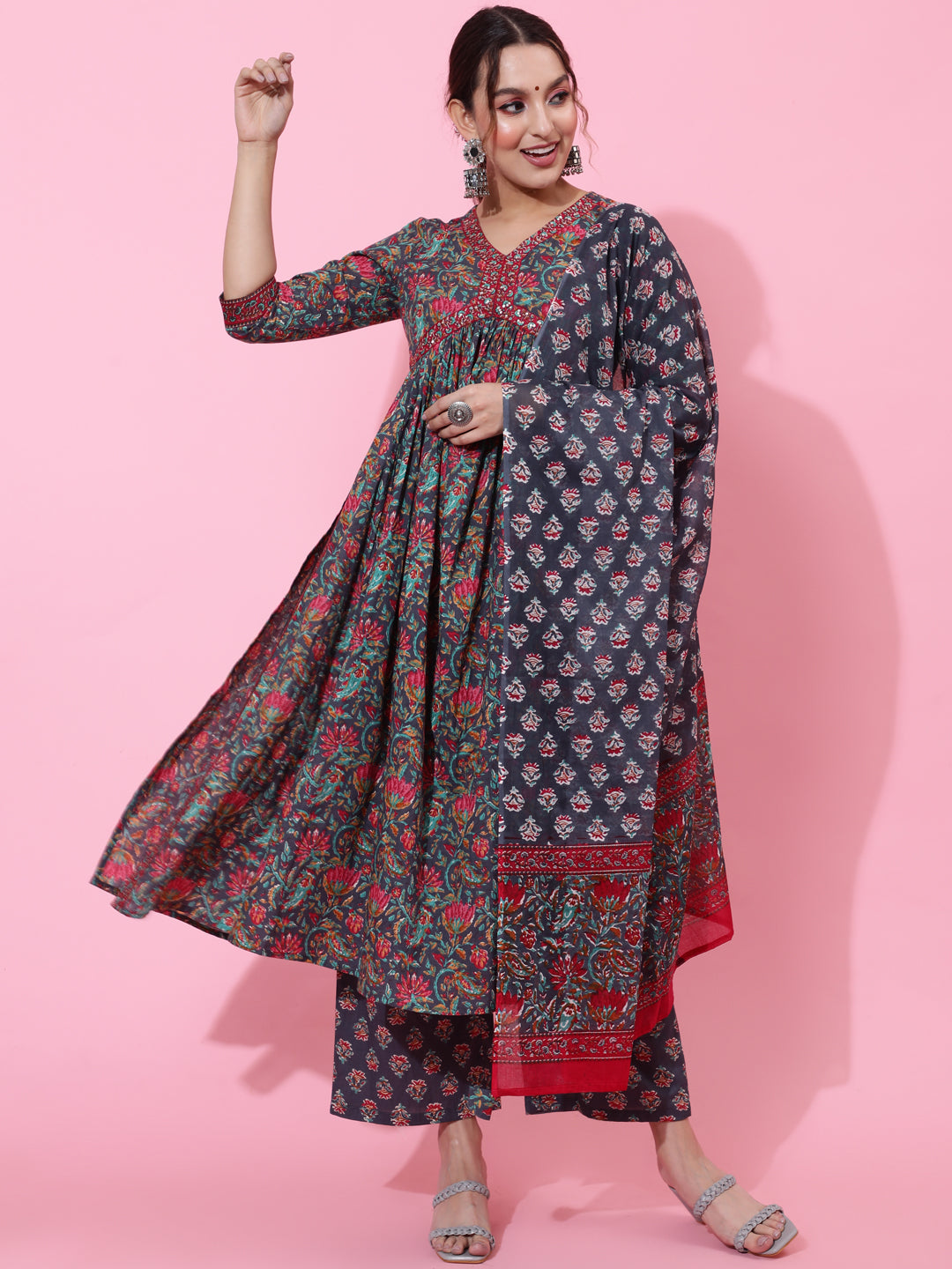 Cotton Calf Printed Semi-Flared 3/4 Sleeve V Kurta Bottom Dupatta Set
