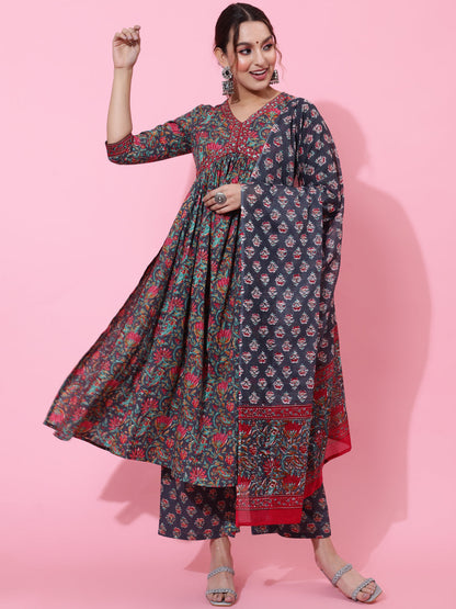 Cotton Calf Printed Semi-Flared 3/4 Sleeve V Kurta Bottom Dupatta Set