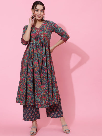 Cotton Calf Printed Semi-Flared 3/4 Sleeve V Kurta Bottom Dupatta Set