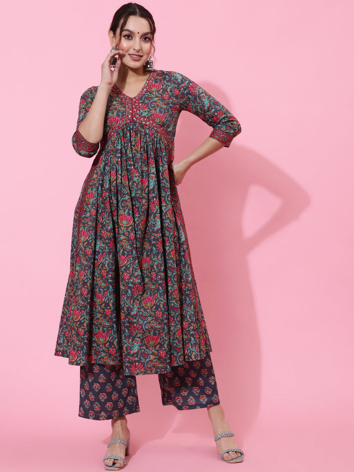 Cotton Calf Printed Semi-Flared 3/4 Sleeve V Kurta Bottom Dupatta Set