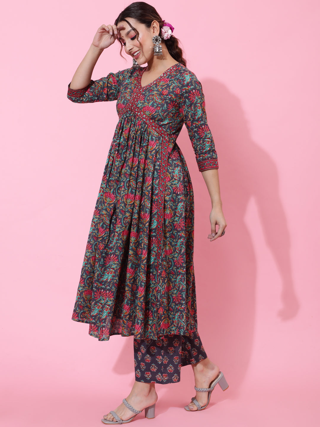 Cotton Calf Printed Semi-Flared 3/4 Sleeve V Kurta Bottom Dupatta Set