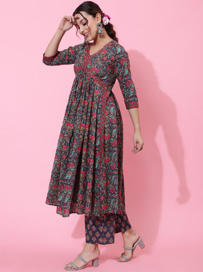 Cotton Calf Printed Semi-Flared 3/4 Sleeve V Kurta Bottom Dupatta Set