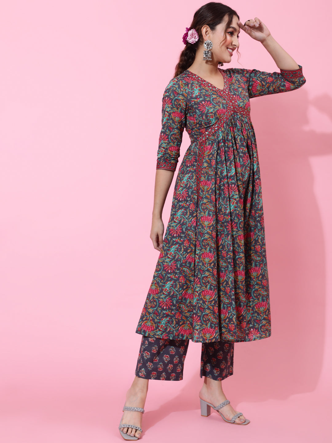 Cotton Calf Printed Semi-Flared 3/4 Sleeve V Kurta Bottom Dupatta Set