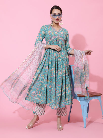 Cotton Calf Printed Semi-Flared 3/4 Sleeve V Kurta Bottom Dupatta Set